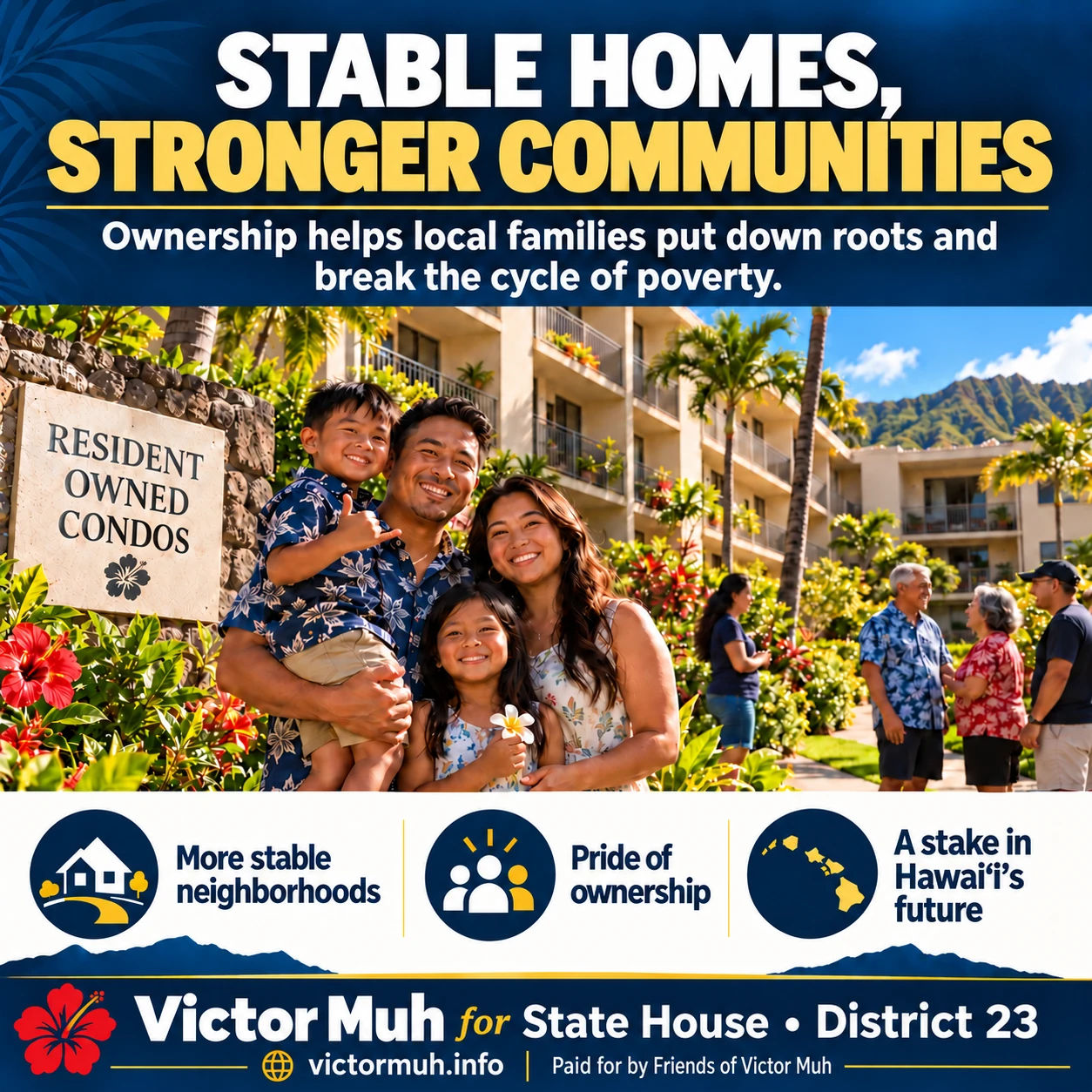 Graphic titled Stable Homes, Stronger Communities showing resident-owned condos helping local families put down roots, strengthen neighborhoods, and build a stake in Hawaiʻi's future.